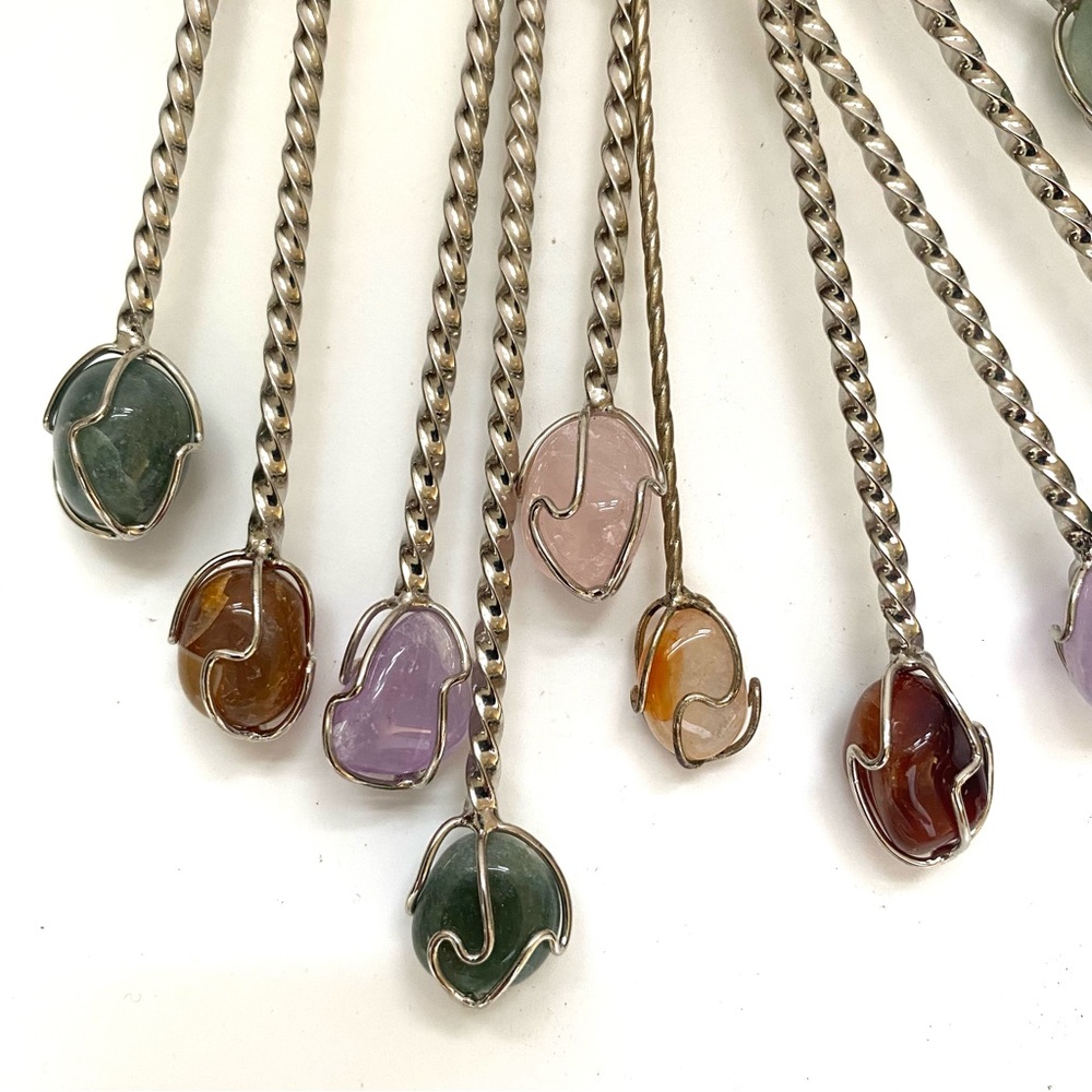 Vintage Brazil 70s Hors D'oeuvres Semi-Precious Stone Forks and silver metal